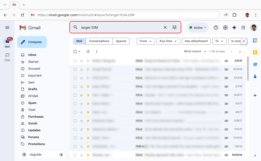 Gmail search bar with  filter