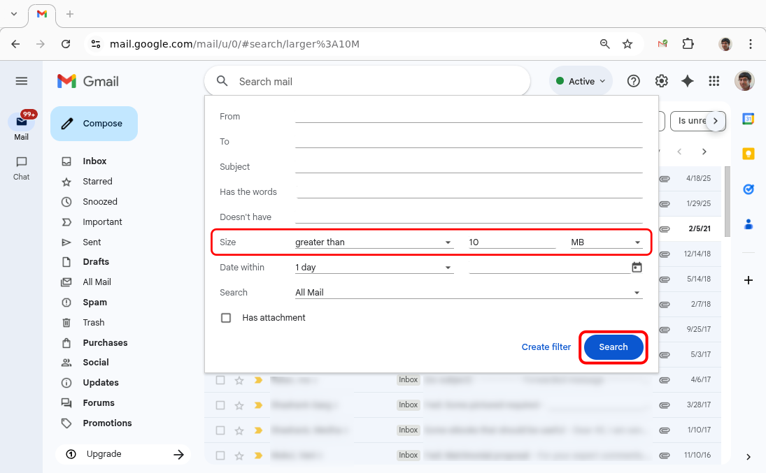Gmail's Advanced Search panel with the Size filter
