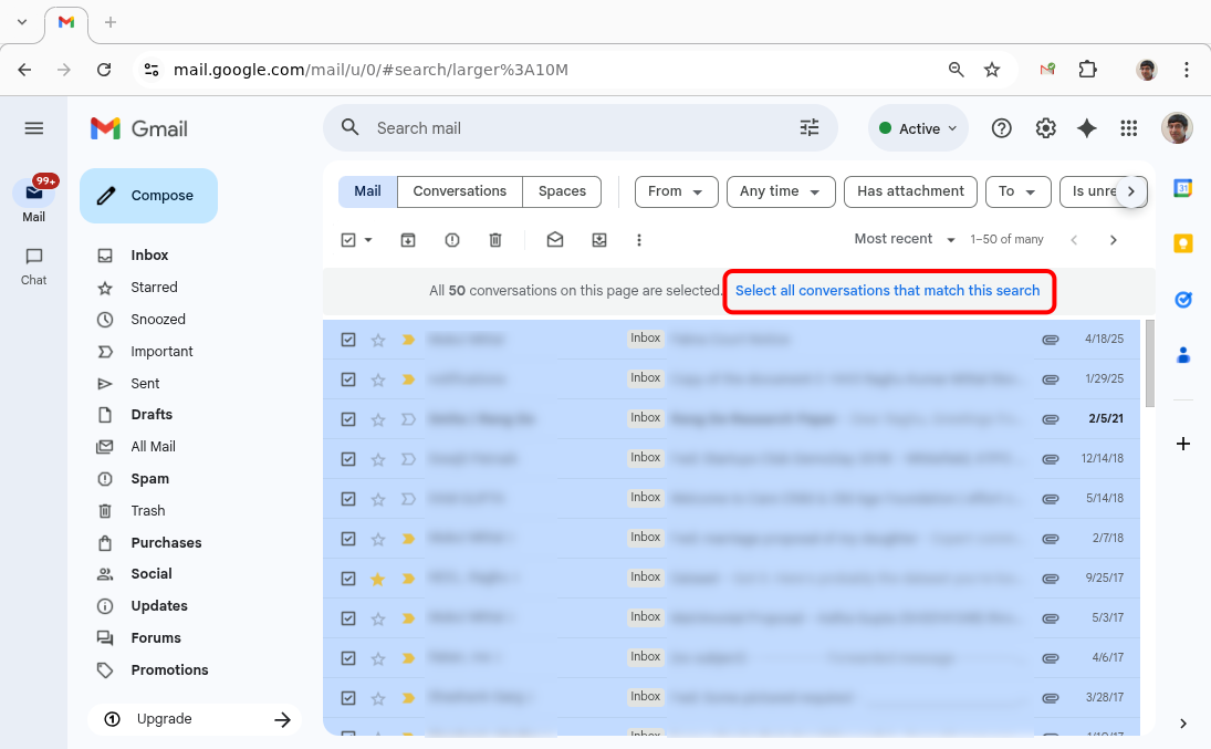The "Select all conversations that match this search" prompt highlighted