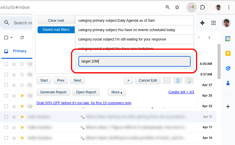 Clear Mail Saved Mail Filter input with  entered
