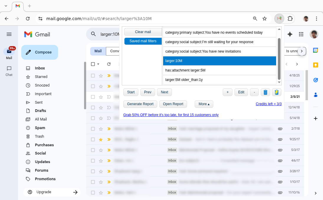 Clear Mail Saved Mail Filter list