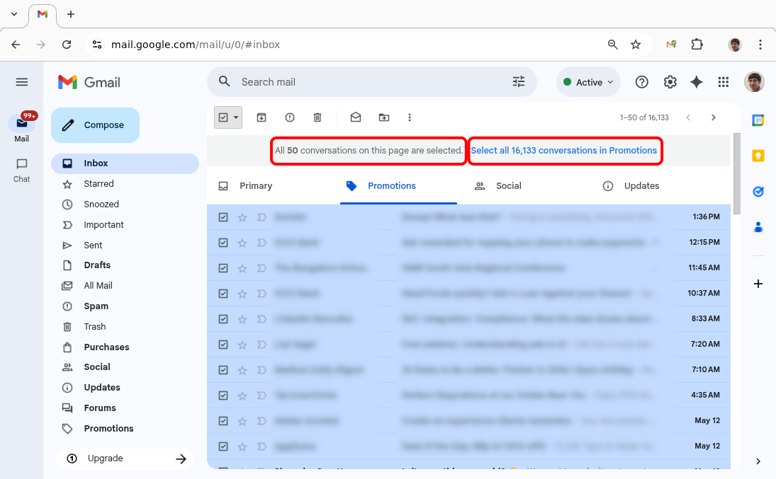 Select all X conversations on the Gmail Promotions Tab