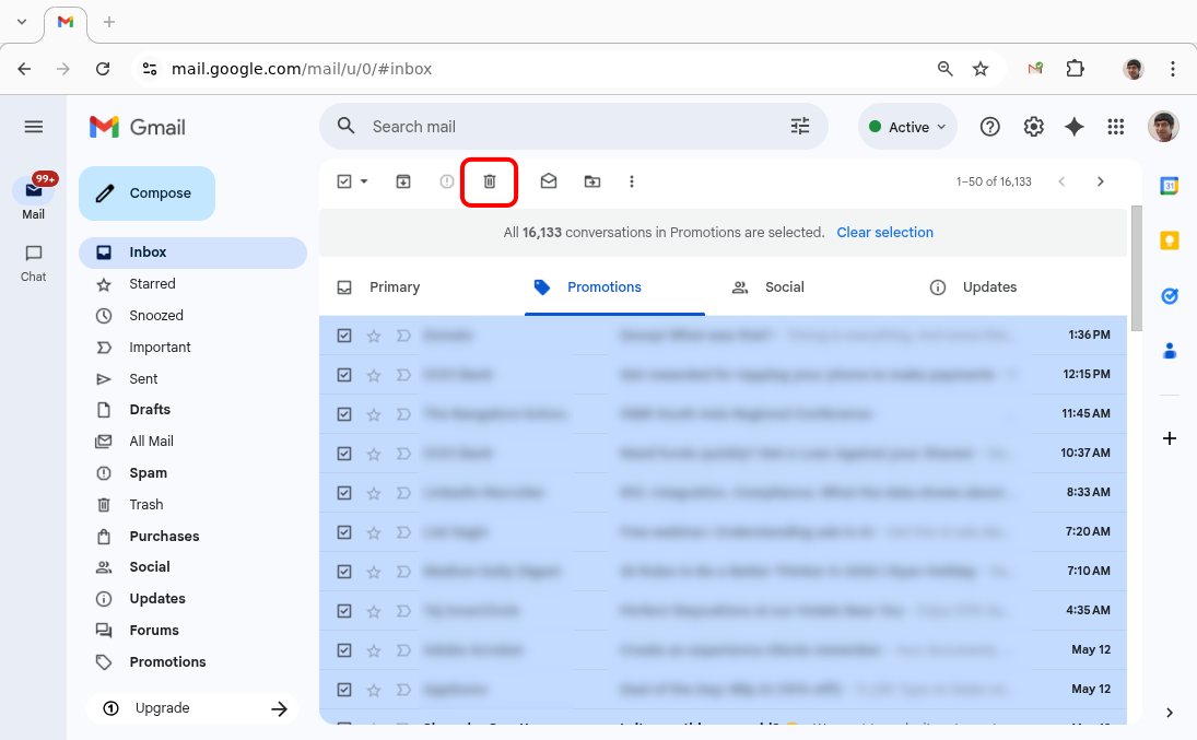 Trash icon on the Gmail Promotions Tab