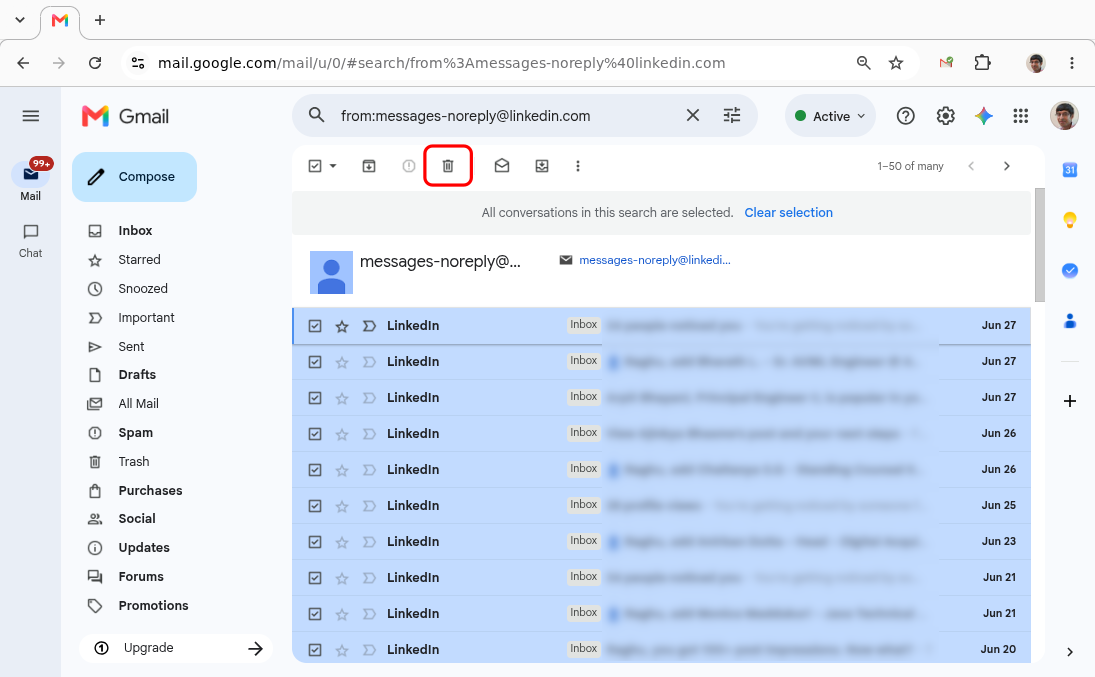 Click the Trash icon to delete all matching emails