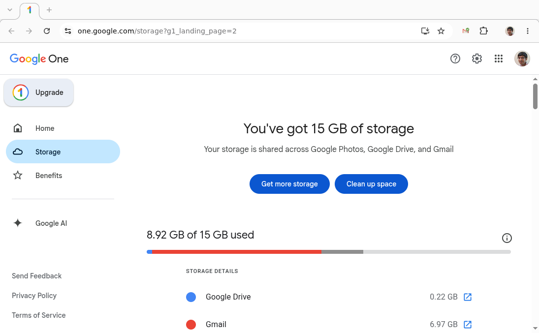 Google One storage page