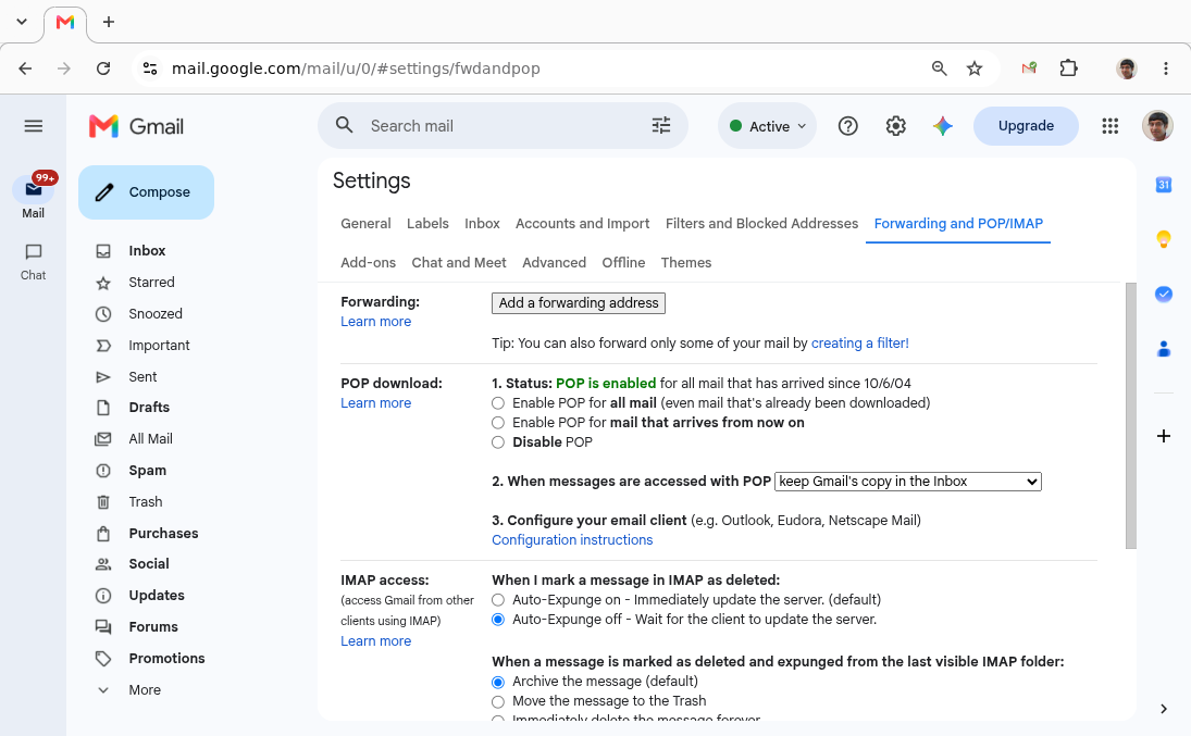 Gmail Forwarding and POP/IMAP settings