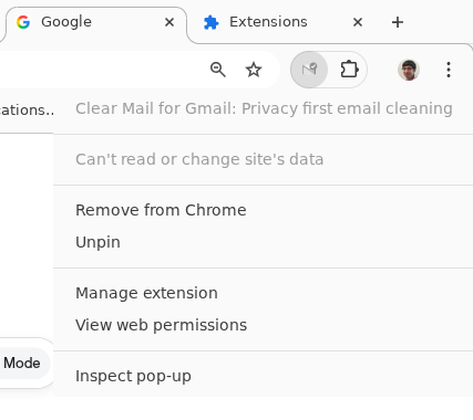Menu on disabled Clear Mail icon