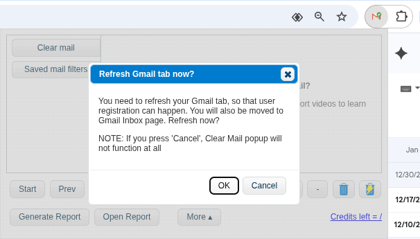 Clear Mail popup dialog asking to refresh Gmail tab